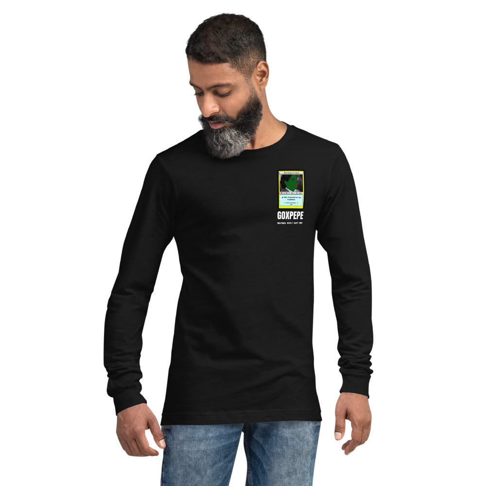 GOXPEPE by Mike — Rare Pepes Series 1 Card 2 — on a black long sleeve tee, Men's 2 Front, left chest