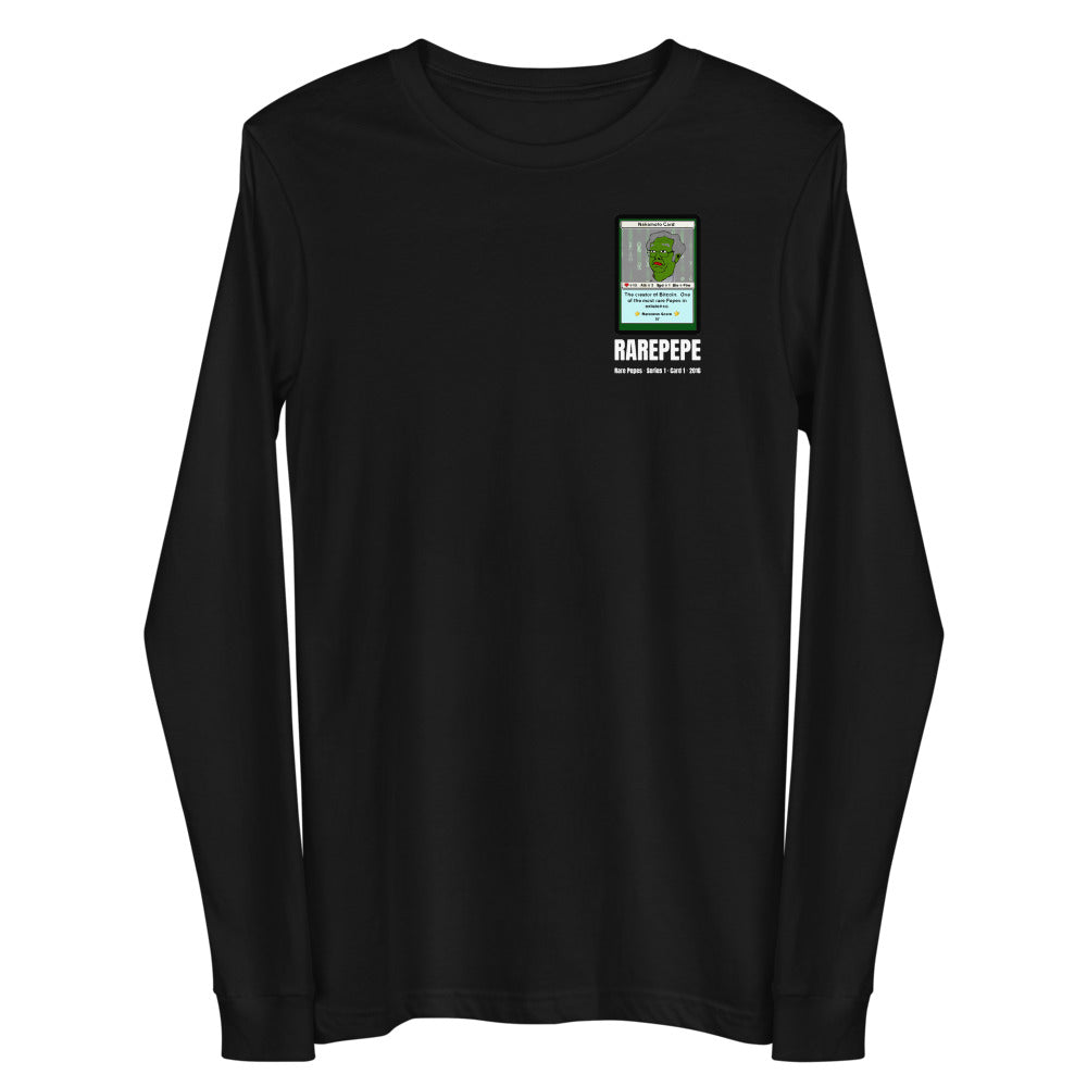 RAREPEPE by Mike — Rare Pepes Series 1 Card 1 — on a black long sleeve tee, Flat 2 Front, left chest
