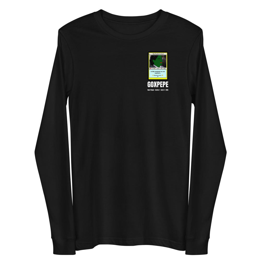 GOXPEPE by Mike — Rare Pepes Series 1 Card 2 — on a black long sleeve tee, Flat 2 Front, left chest