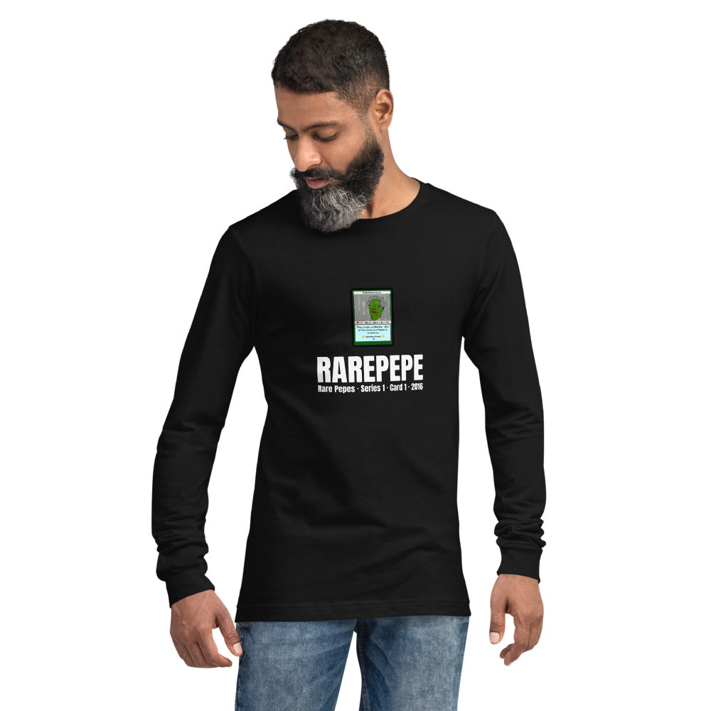 RAREPEPE by Mike — Rare Pepes Series 1 Card 1 — on a black long sleeve tee, Men's 2 Front, centred