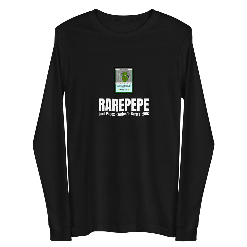 RAREPEPE by Mike — Rare Pepes Series 1 Card 1 — on a black long sleeve tee, Flat 2 Front, centred