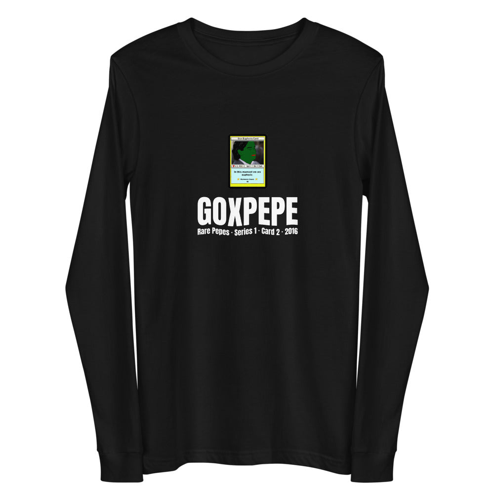 GOXPEPE by Mike — Rare Pepes Series 1 Card 2 — on a black long sleeve tee, Flat 2 Front, centred