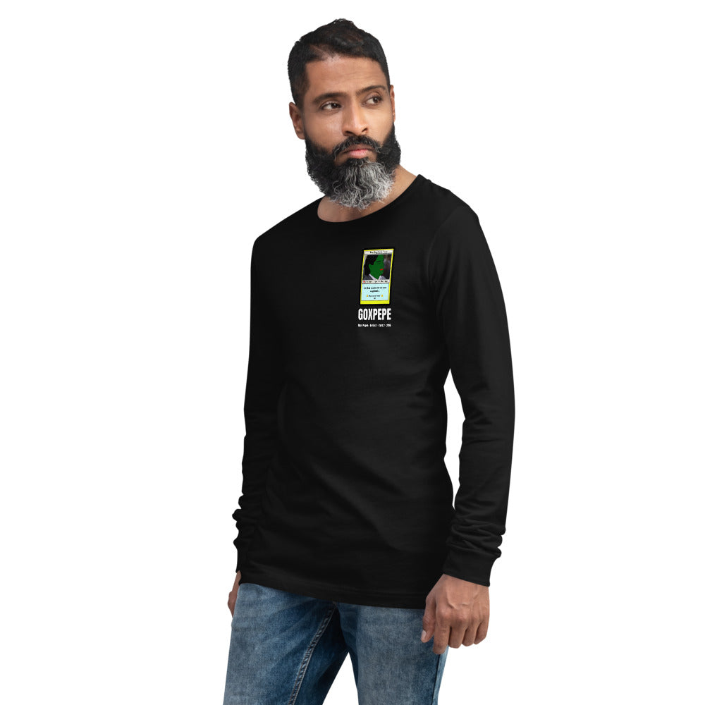GOXPEPE by Mike — Rare Pepes Series 1 Card 2 — on a black long sleeve tee, Men's 2 Left Front, left chest