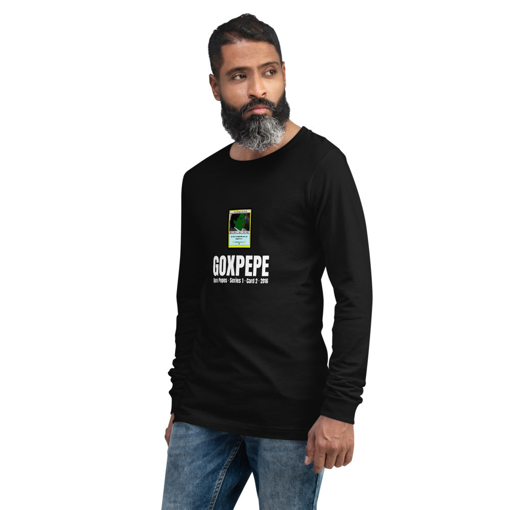 GOXPEPE by Mike — Rare Pepes Series 1 Card 2 — on a black long sleeve tee, Men's 2 Left Front, centred