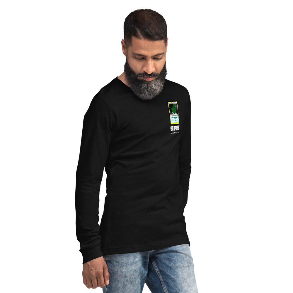 GOXPEPE by Mike — Rare Pepes Series 1 Card 2 — on a black long sleeve tee, Men's 2 Right Front, left chest