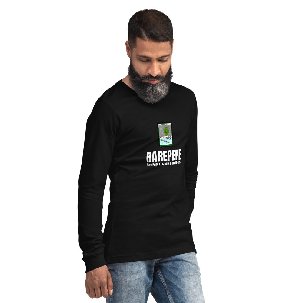 RAREPEPE by Mike — Rare Pepes Series 1 Card 1 — on a black long sleeve tee, Men's 2 Right Front, centred