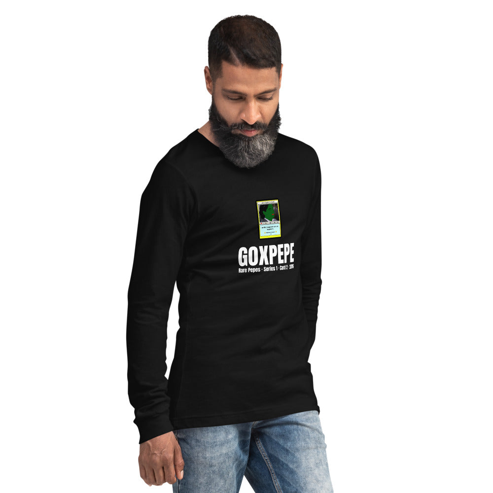 GOXPEPE by Mike — Rare Pepes Series 1 Card 2 — on a black long sleeve tee, Men's 2 Right Front, centred