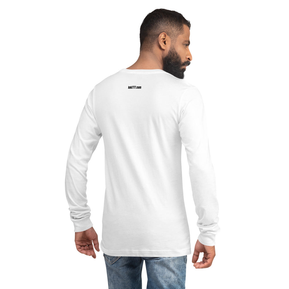 RAREPEPE by Mike — Rare Pepes Series 1 Card 1 — on a white long sleeve tee, Men's 2 Back