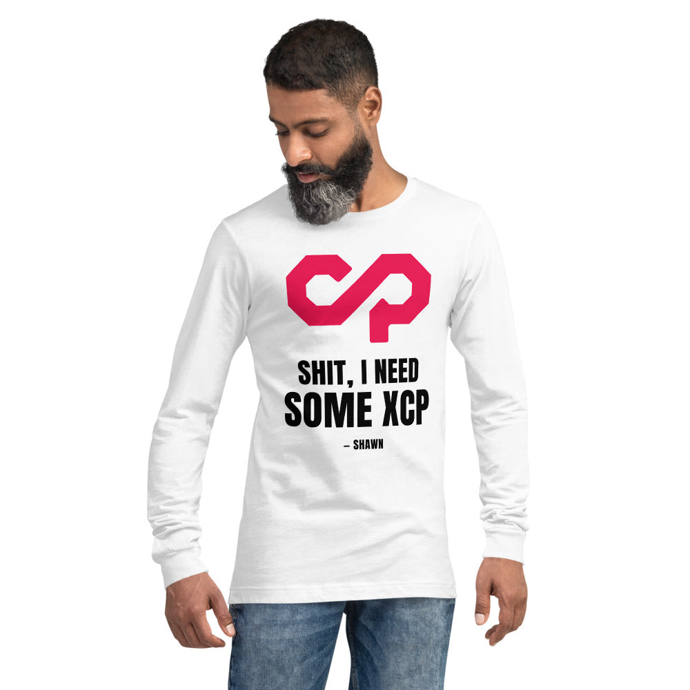"Shit, I Need Some XCP" Long sleeve tee — White, Men's 2 Front