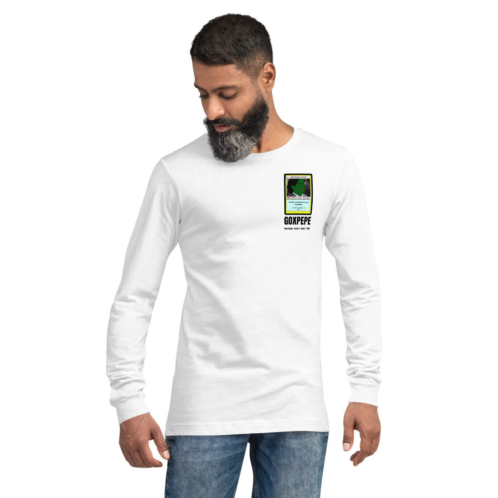 GOXPEPE by Mike — Rare Pepes Series 1 Card 2 — on a white long sleeve tee, Men's 2 Front, left chest