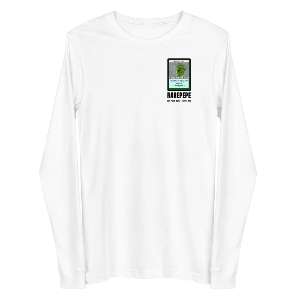 RAREPEPE by Mike — Rare Pepes Series 1 Card 1 — on a white long sleeve tee, Flat 2 Front, left chest