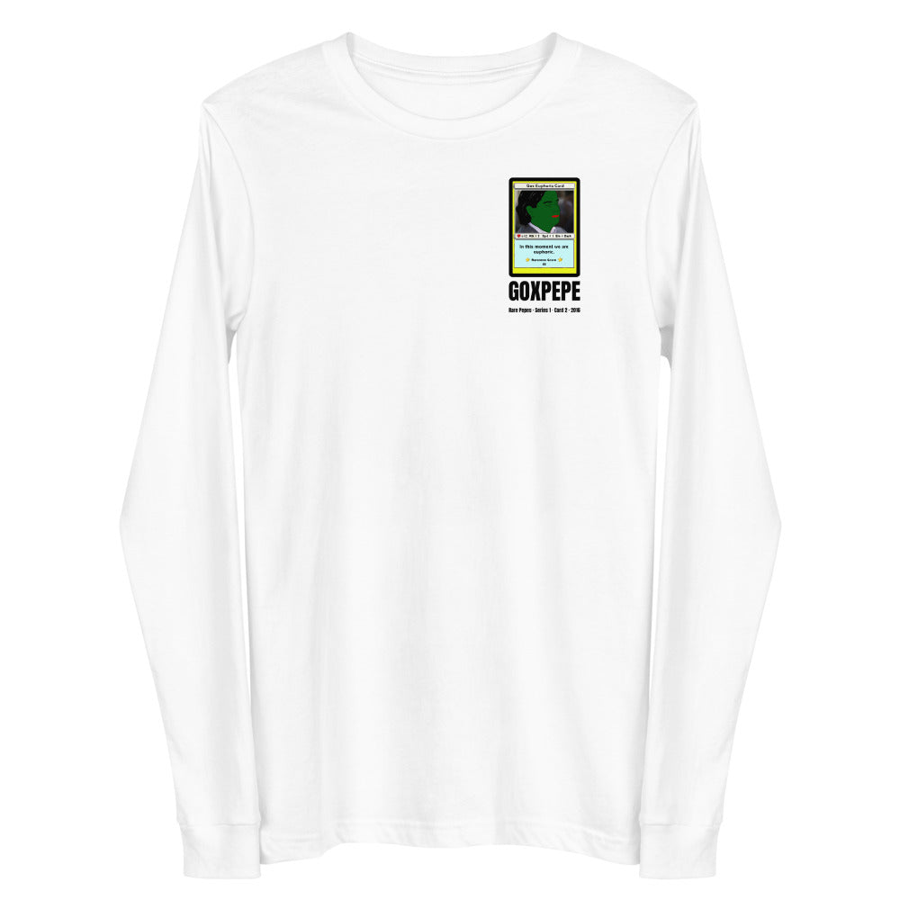 GOXPEPE by Mike — Rare Pepes Series 1 Card 2 — on a white long sleeve tee, Flat 2 Front, left chest