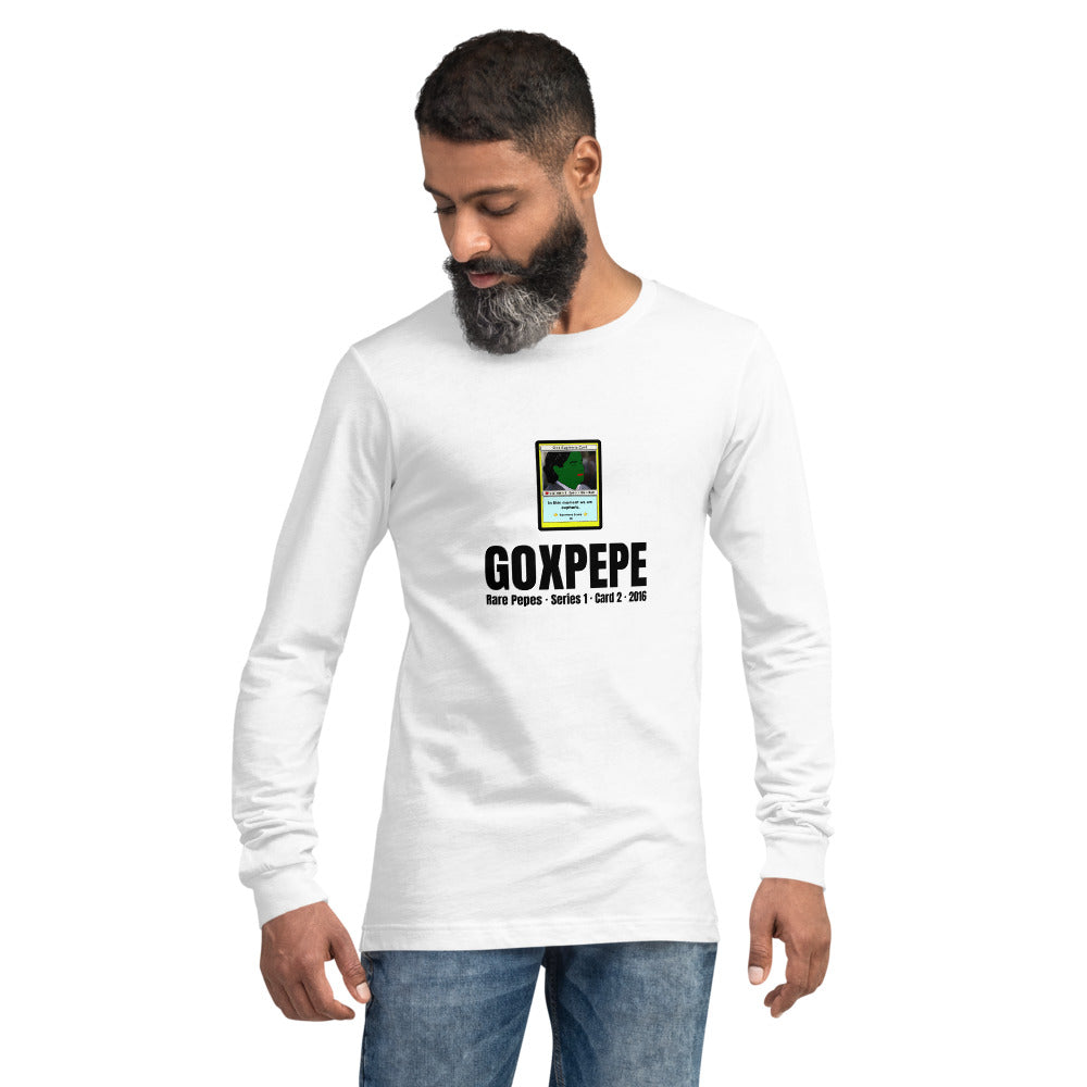 GOXPEPE by Mike — Rare Pepes Series 1 Card 2 — on a white long sleeve tee, Men's 2 Front, centred