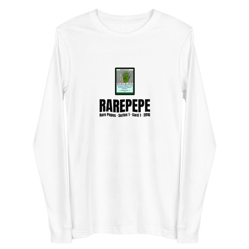 RAREPEPE by Mike — Rare Pepes Series 1 Card 1 — on a white long sleeve tee, Flat 2 Front, centred