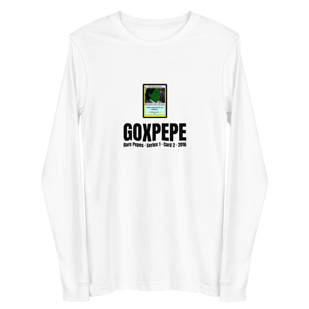 GOXPEPE by Mike — Rare Pepes Series 1 Card 2 — on a white long sleeve tee, Flat 2 Front, centred