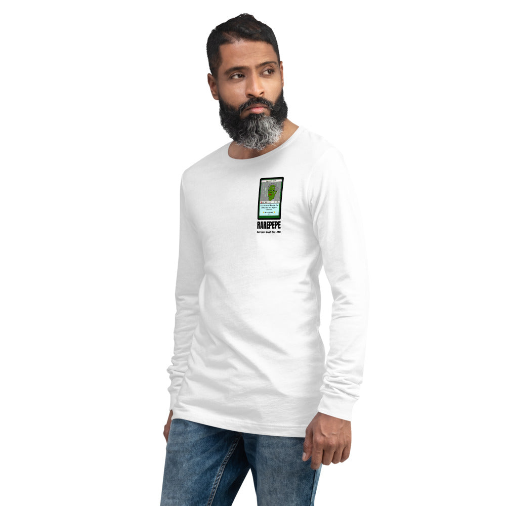 RAREPEPE by Mike — Rare Pepes Series 1 Card 1 — on a white long sleeve tee, Men's 2 Left Front, left chest