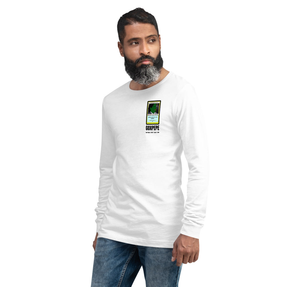 GOXPEPE by Mike — Rare Pepes Series 1 Card 2 — on a white long sleeve tee, Men's 2 Left Front, left chest