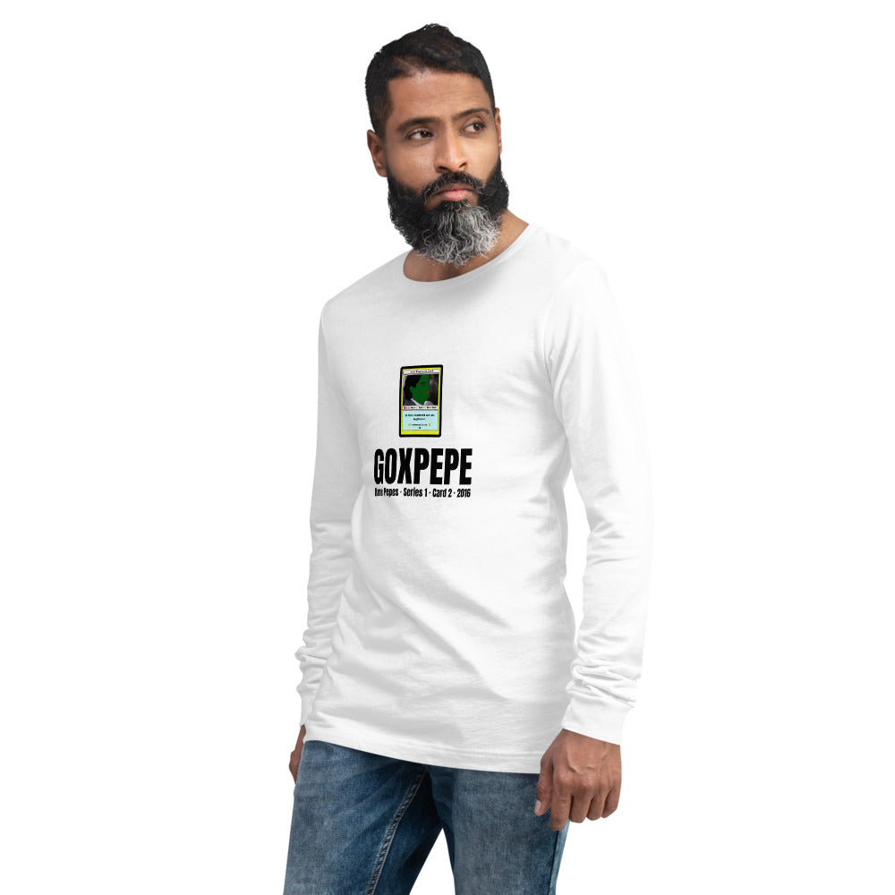 GOXPEPE by Mike — Rare Pepes Series 1 Card 2 — on a white long sleeve tee, Men's 2 Left Front, centred