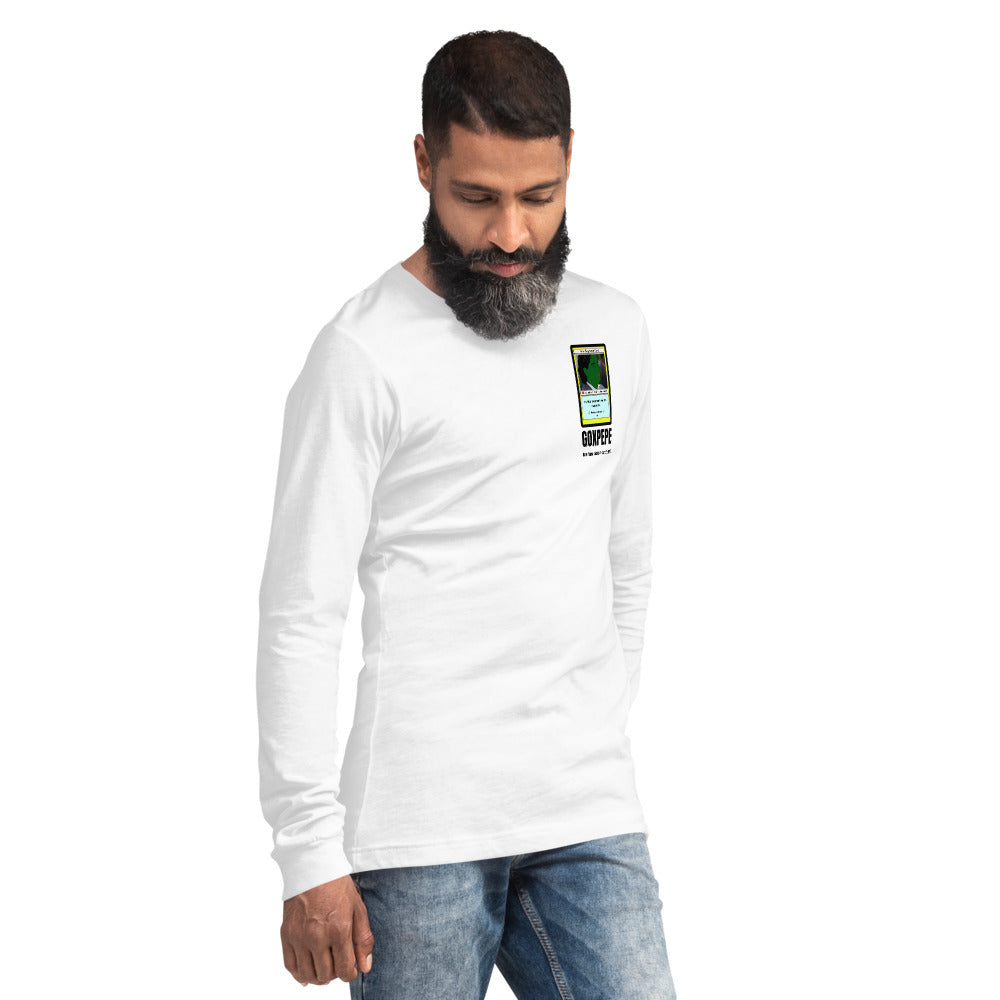 GOXPEPE by Mike — Rare Pepes Series 1 Card 2 — on a white long sleeve tee, Men's 2 Right Front, left chest