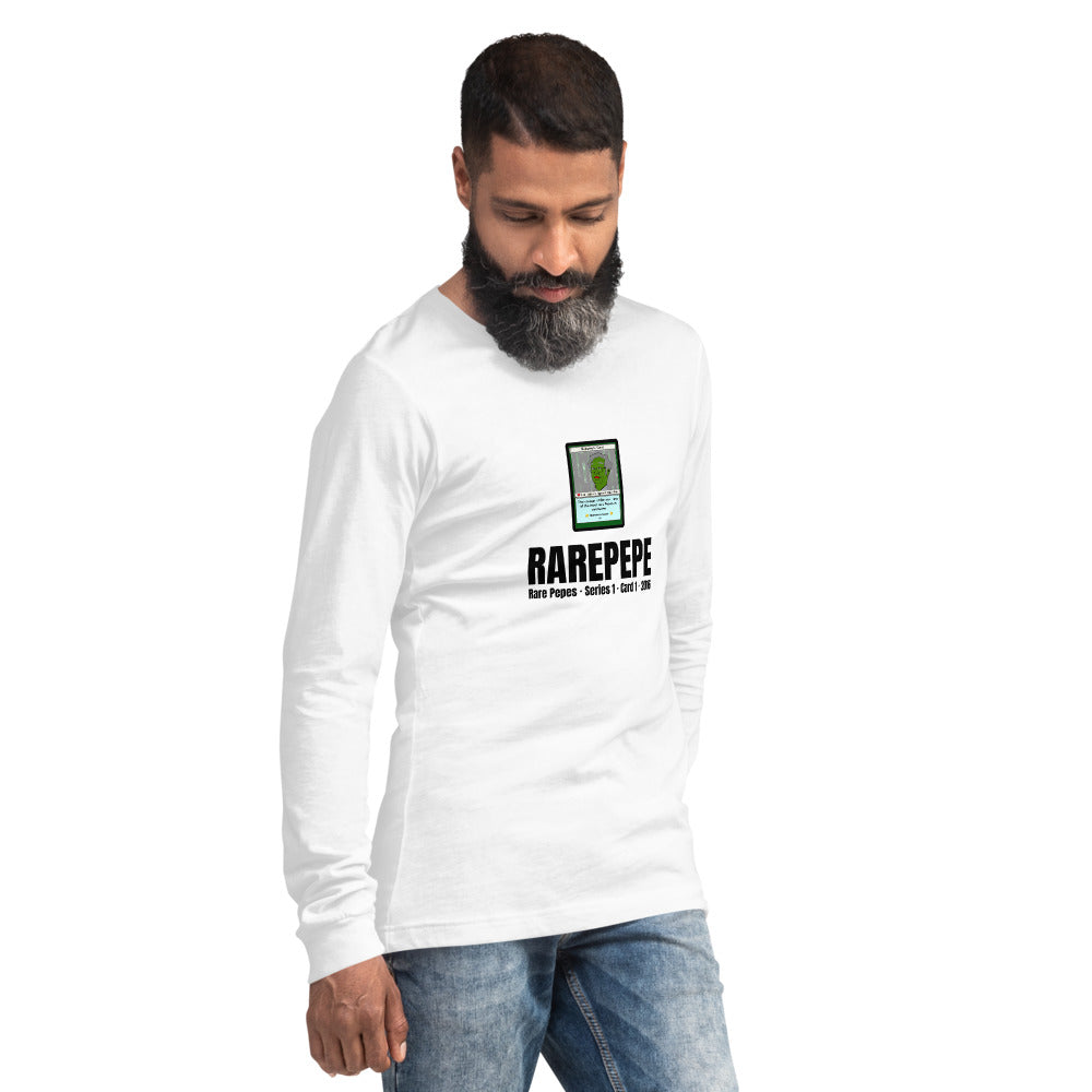 RAREPEPE by Mike — Rare Pepes Series 1 Card 1 — on a white long sleeve tee, Men's 2 Right Front, centred
