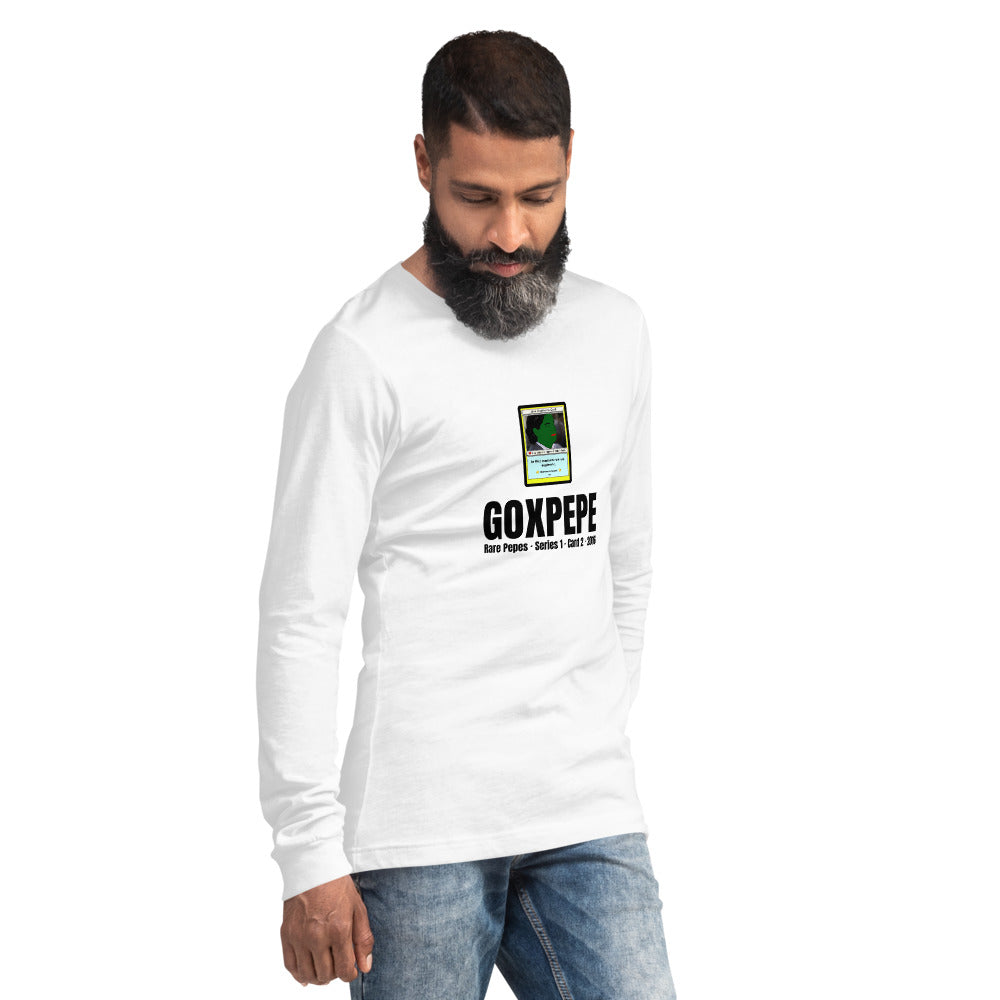 GOXPEPE by Mike — Rare Pepes Series 1 Card 2 — on a white long sleeve tee, Men's 2 Right Front, centred