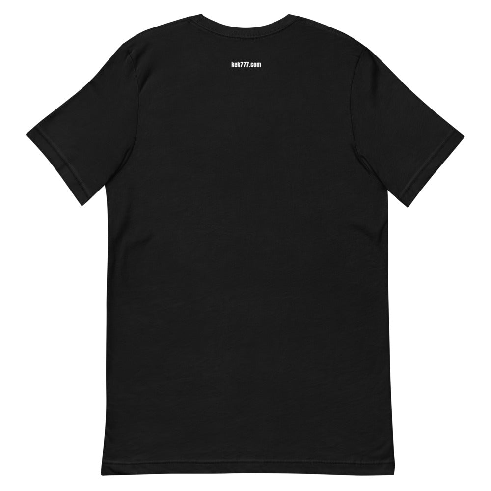 RAREPEPE by Mike — Rare Pepes Series 1 Card 1 — on a black unisex t-shirt, Outside back label