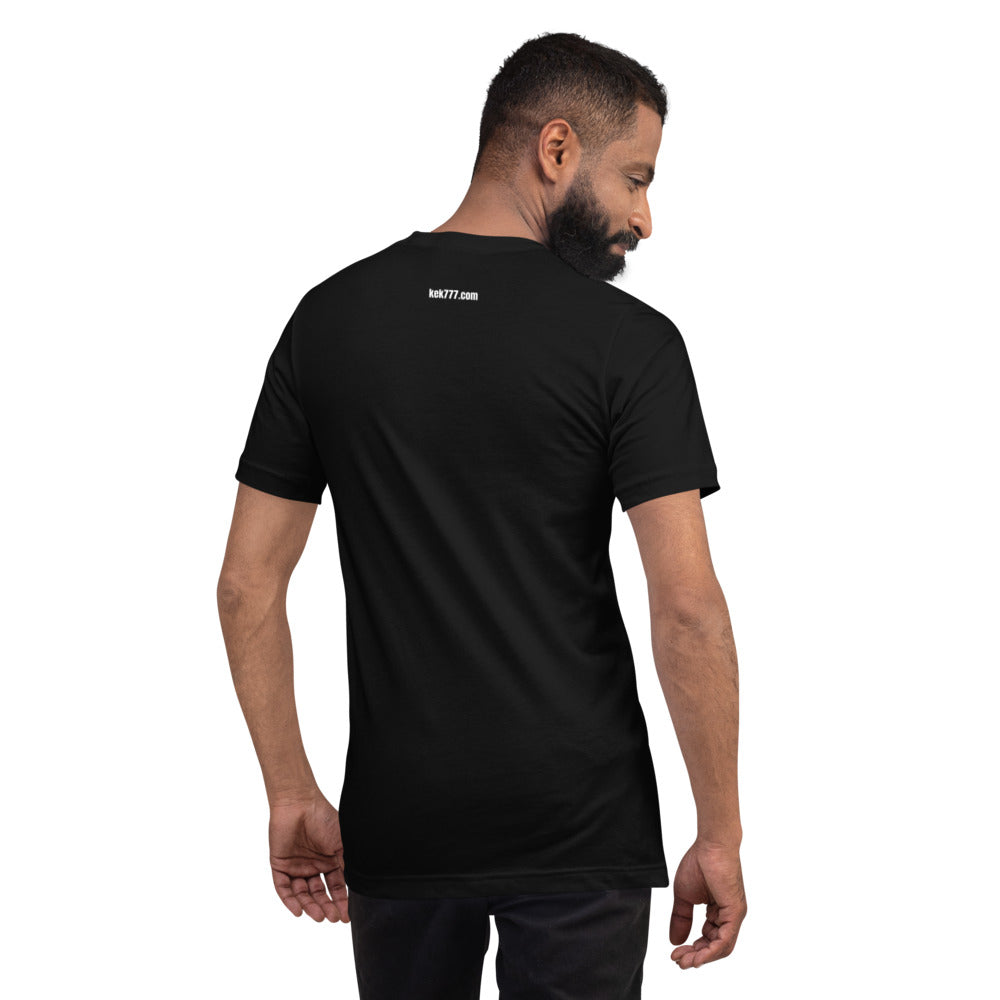 GOXPEPE by Mike — Rare Pepes Series 1 Card 2 — on a black unisex t-shirt, Men's 4 Back