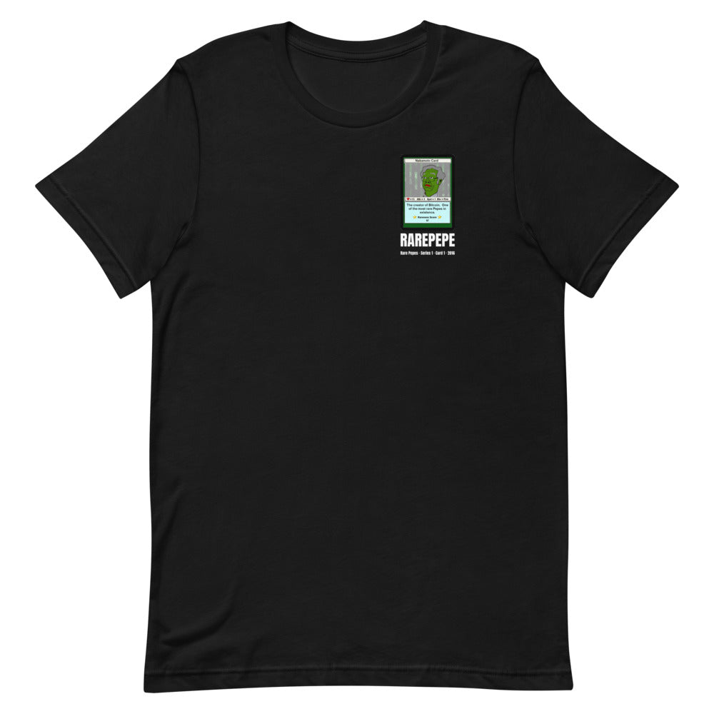 RAREPEPE by Mike — Rare Pepes Series 1 Card 1 — on a black unisex t-shirt, Flat Front, left chest