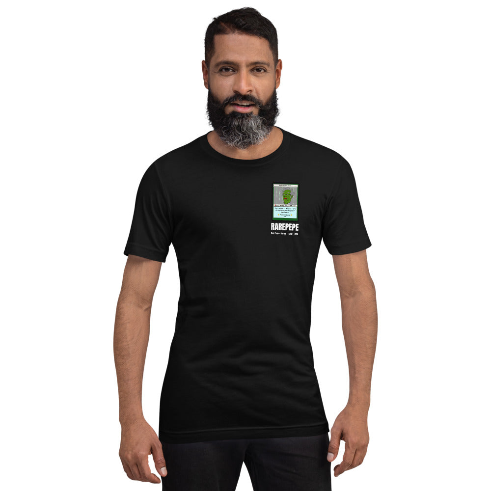RAREPEPE by Mike — Rare Pepes Series 1 Card 1 — on a black unisex t-shirt, Men's 4 Front, left chest