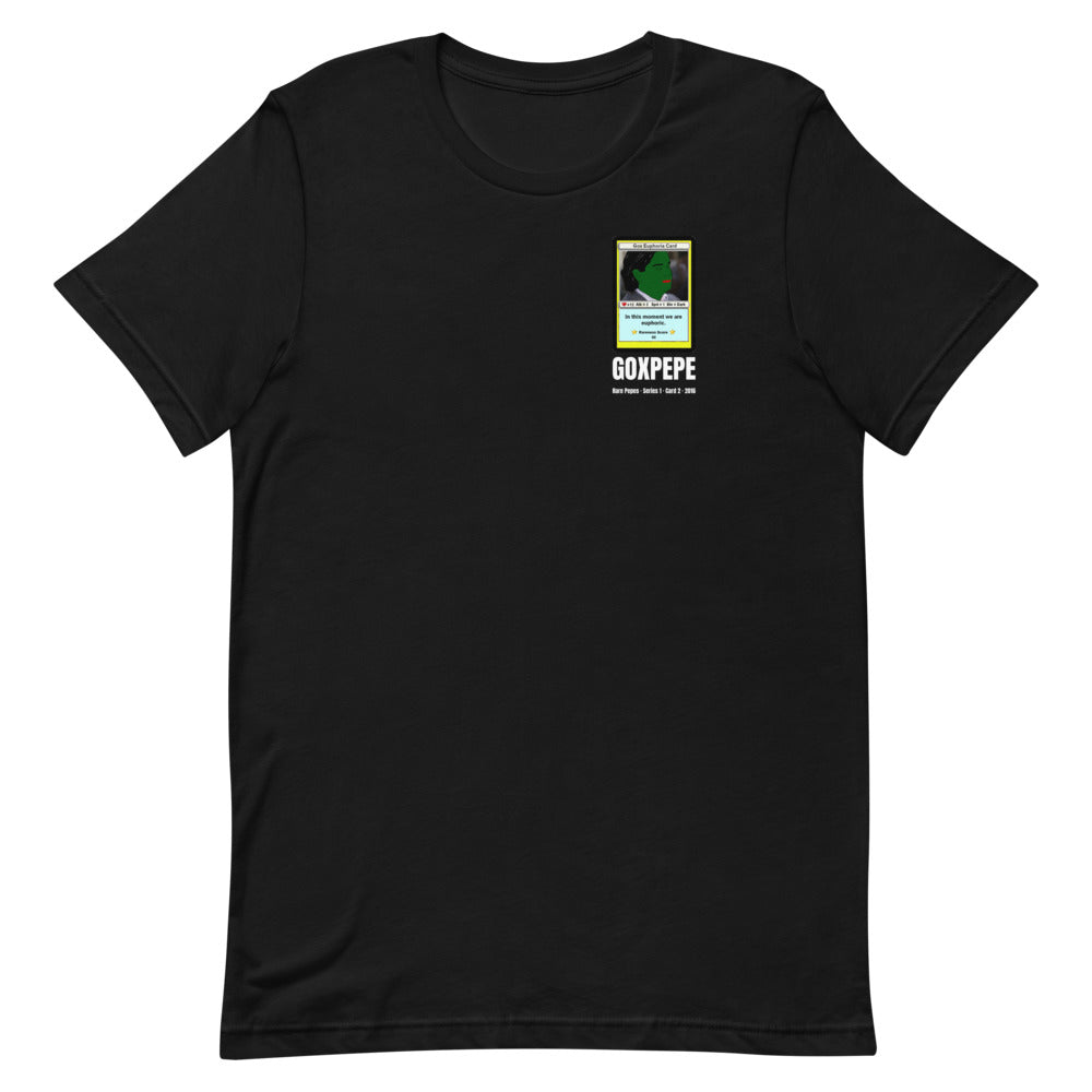 GOXPEPE by Mike — Rare Pepes Series 1 Card 2 — on a black unisex t-shirt, Flat Front, left chest