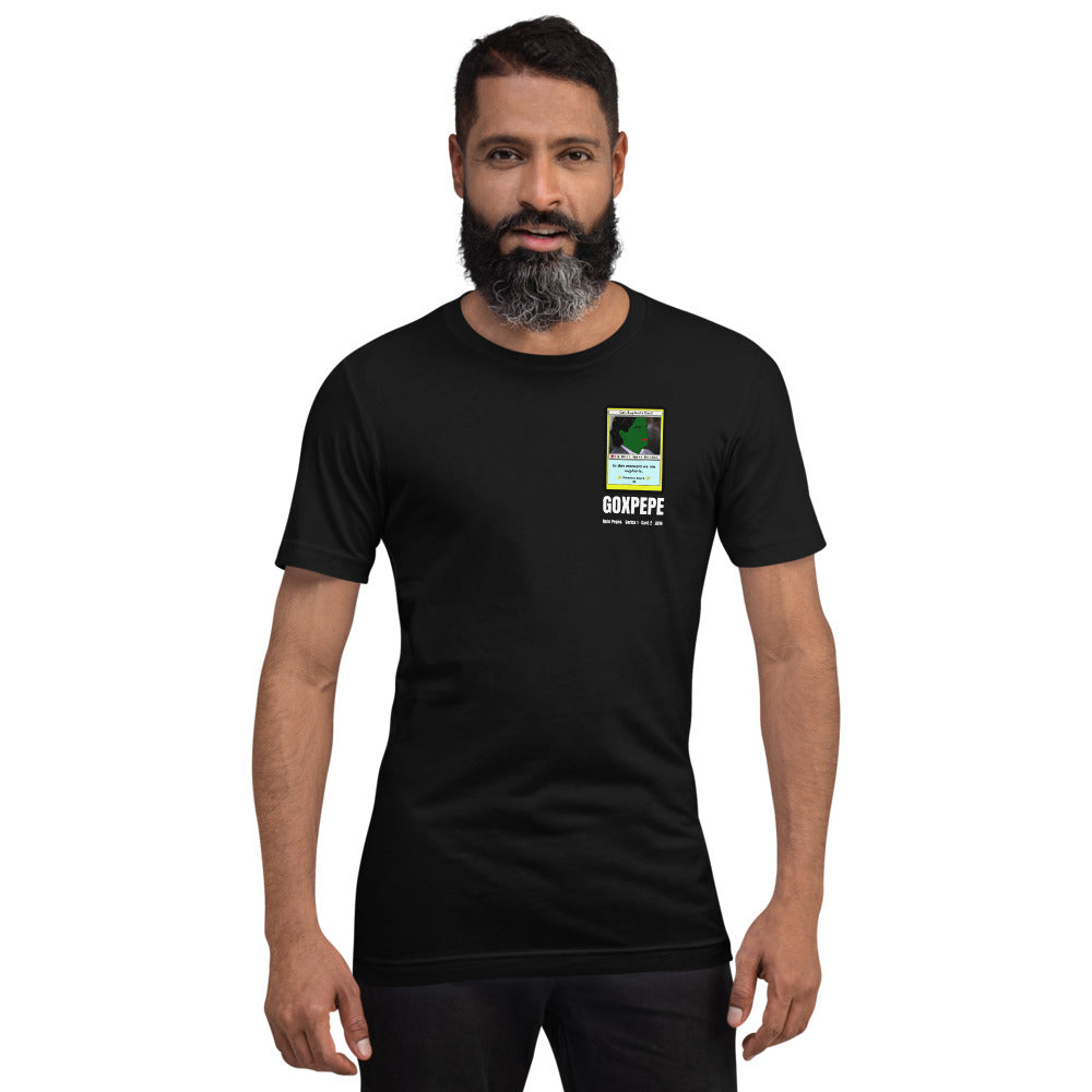 GOXPEPE by Mike — Rare Pepes Series 1 Card 2 — on a black unisex t-shirt, Men's 4 Front, left chest
