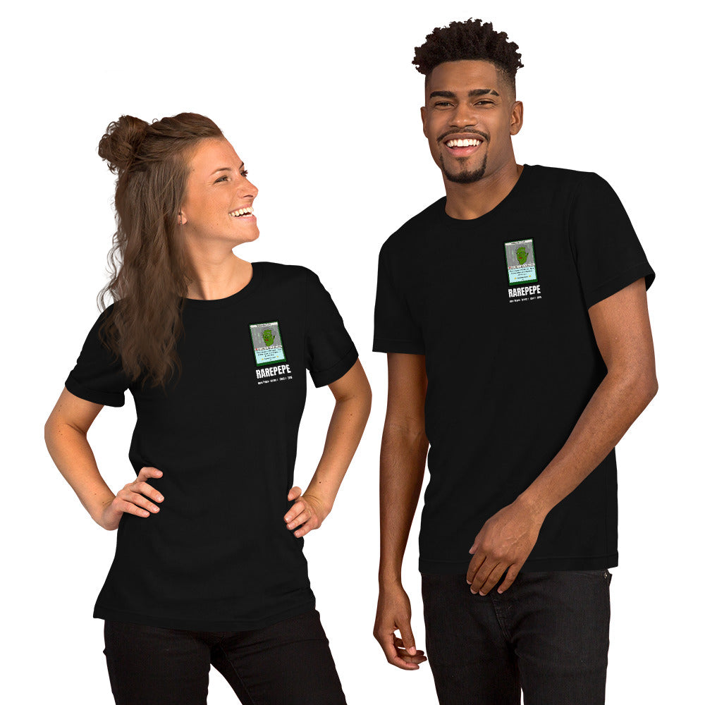 RAREPEPE by Mike — Rare Pepes Series 1 Card 1 — on a black unisex t-shirt, Couple's Front, left chest