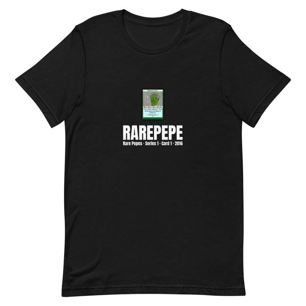 RAREPEPE by Mike — Rare Pepes Series 1 Card 1 — on a black unisex t-shirt, Flat Front, centred