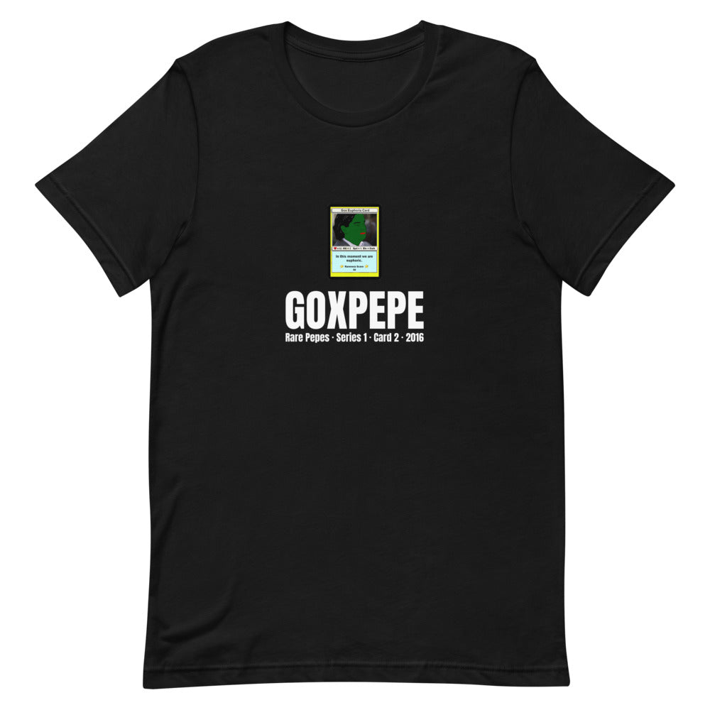 GOXPEPE by Mike — Rare Pepes Series 1 Card 2 — on a black unisex t-shirt, Flat Front, centred