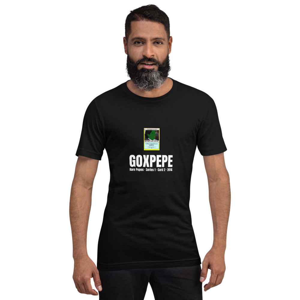 GOXPEPE by Mike — Rare Pepes Series 1 Card 2 — on a black unisex t-shirt, Men's 4 Front, centred