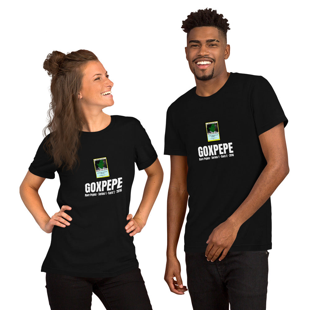 GOXPEPE by Mike — Rare Pepes Series 1 Card 2 — on a black unisex t-shirt, Couple's Front, centred