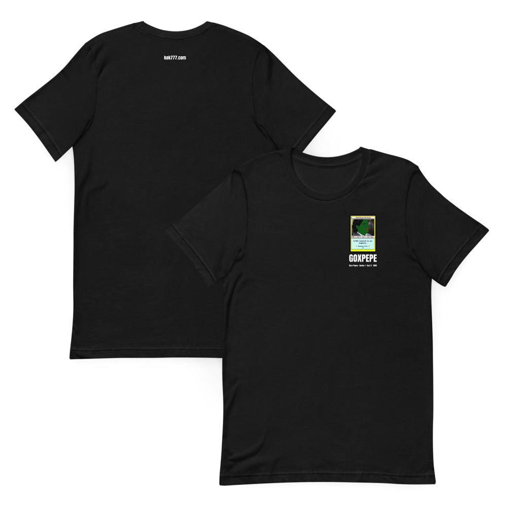 GOXPEPE by Mike — Rare Pepes Series 1 Card 2 — on a black unisex t-shirt, Collage Front and Back, left chest