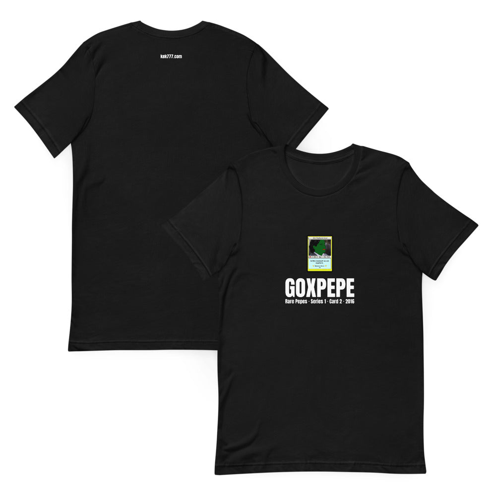 GOXPEPE by Mike — Rare Pepes Series 1 Card 2 — on a black unisex t-shirt, Collage Front and Back, centred
