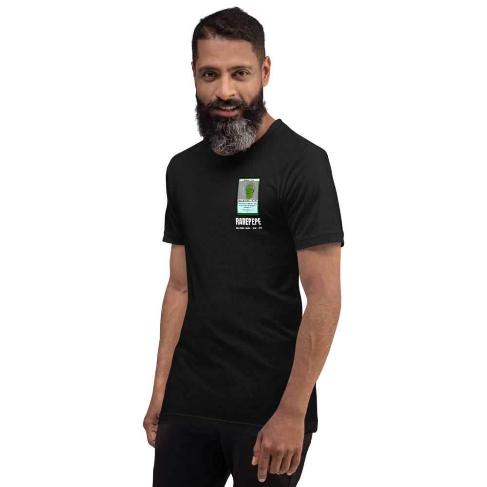 RAREPEPE by Mike — Rare Pepes Series 1 Card 1 — on a black unisex t-shirt, Men's 4 Left Front, left chest