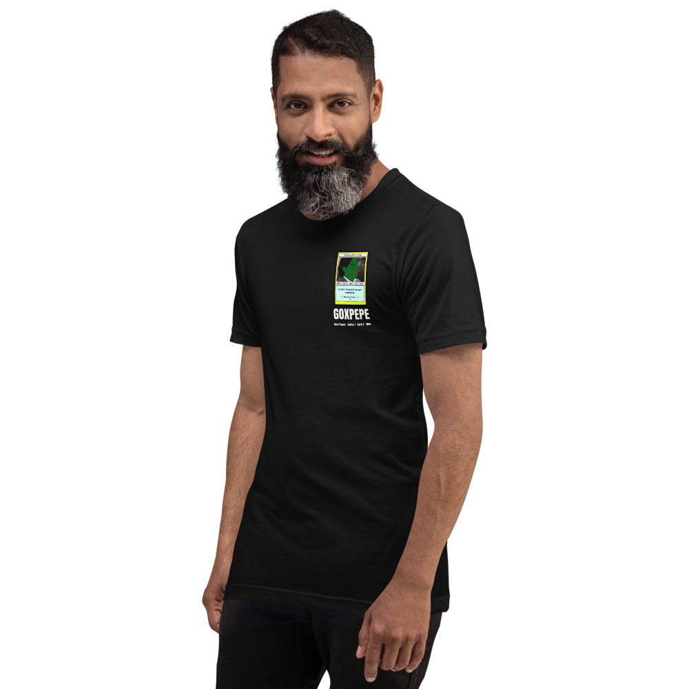 GOXPEPE by Mike — Rare Pepes Series 1 Card 2 — on a black unisex t-shirt, Men's 4 Left Front, left chest
