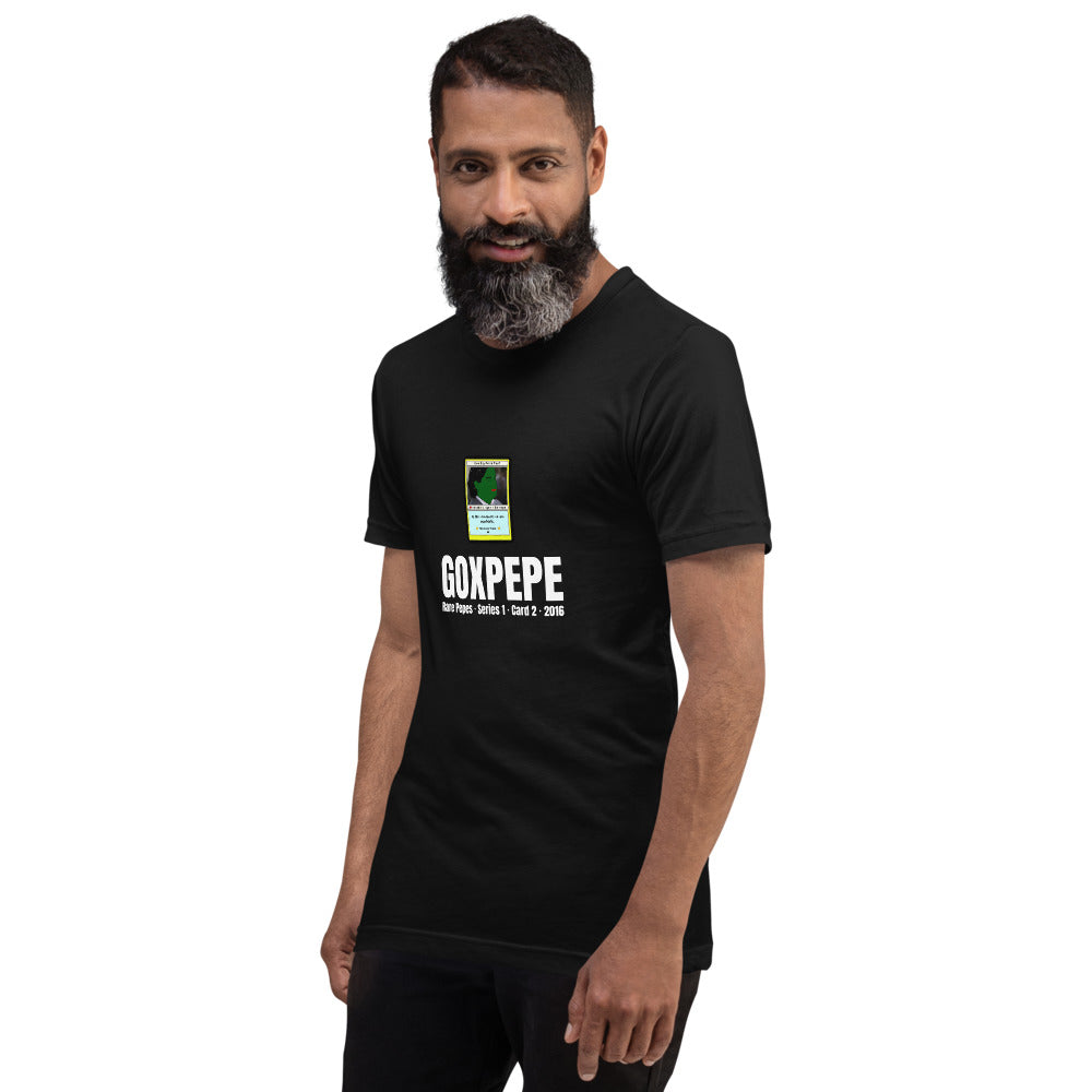 GOXPEPE by Mike — Rare Pepes Series 1 Card 2 — on a black unisex t-shirt, Men's 4 Left Front, centred