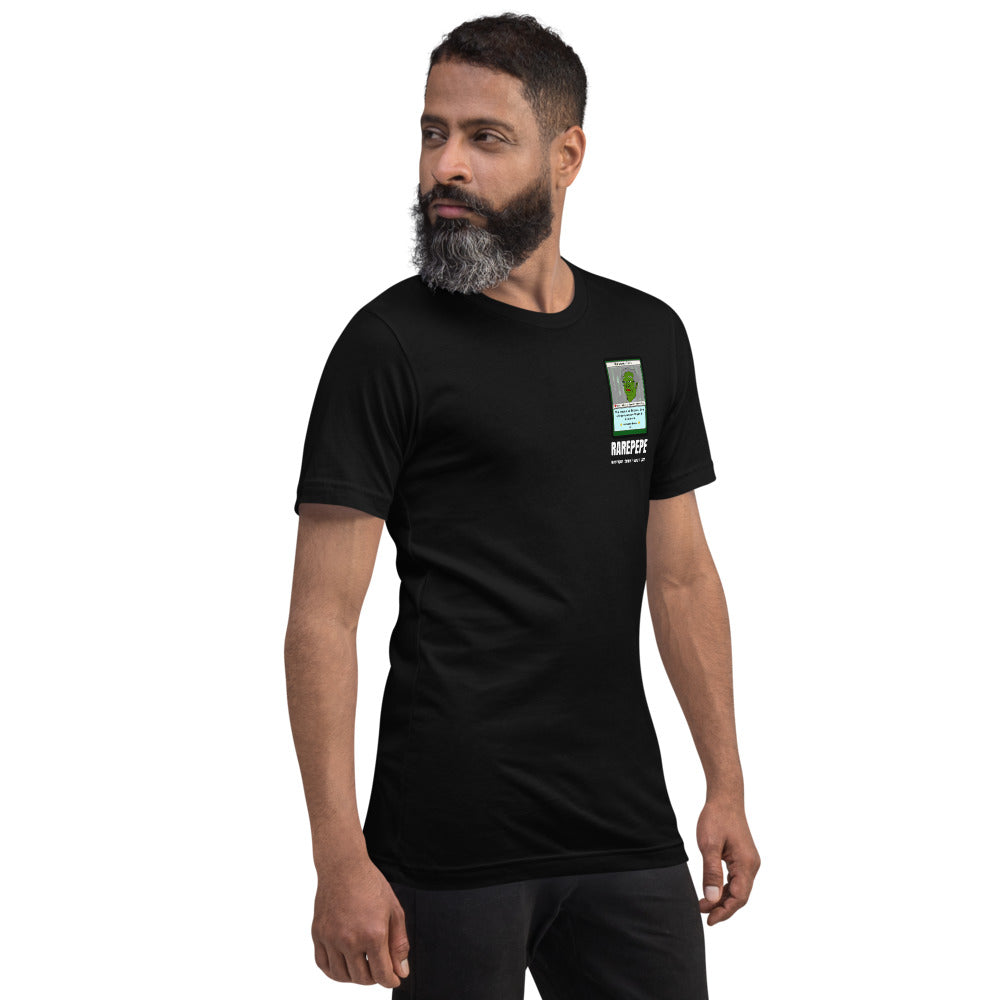 RAREPEPE by Mike — Rare Pepes Series 1 Card 1 — on a black unisex t-shirt, Men's 4 Right Front, left chest