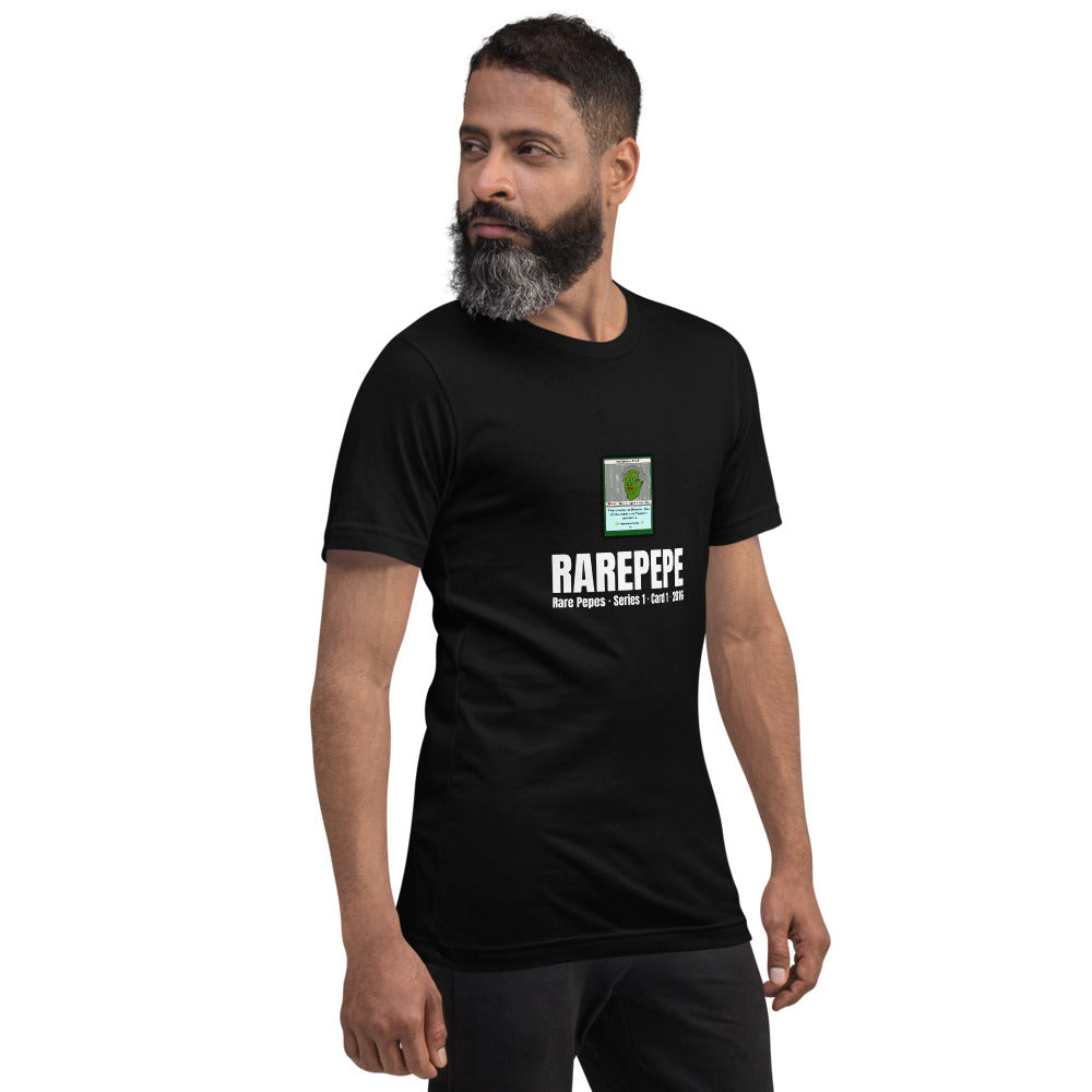RAREPEPE by Mike — Rare Pepes Series 1 Card 1 — on a black unisex t-shirt, Men's 4 Right Front, centred