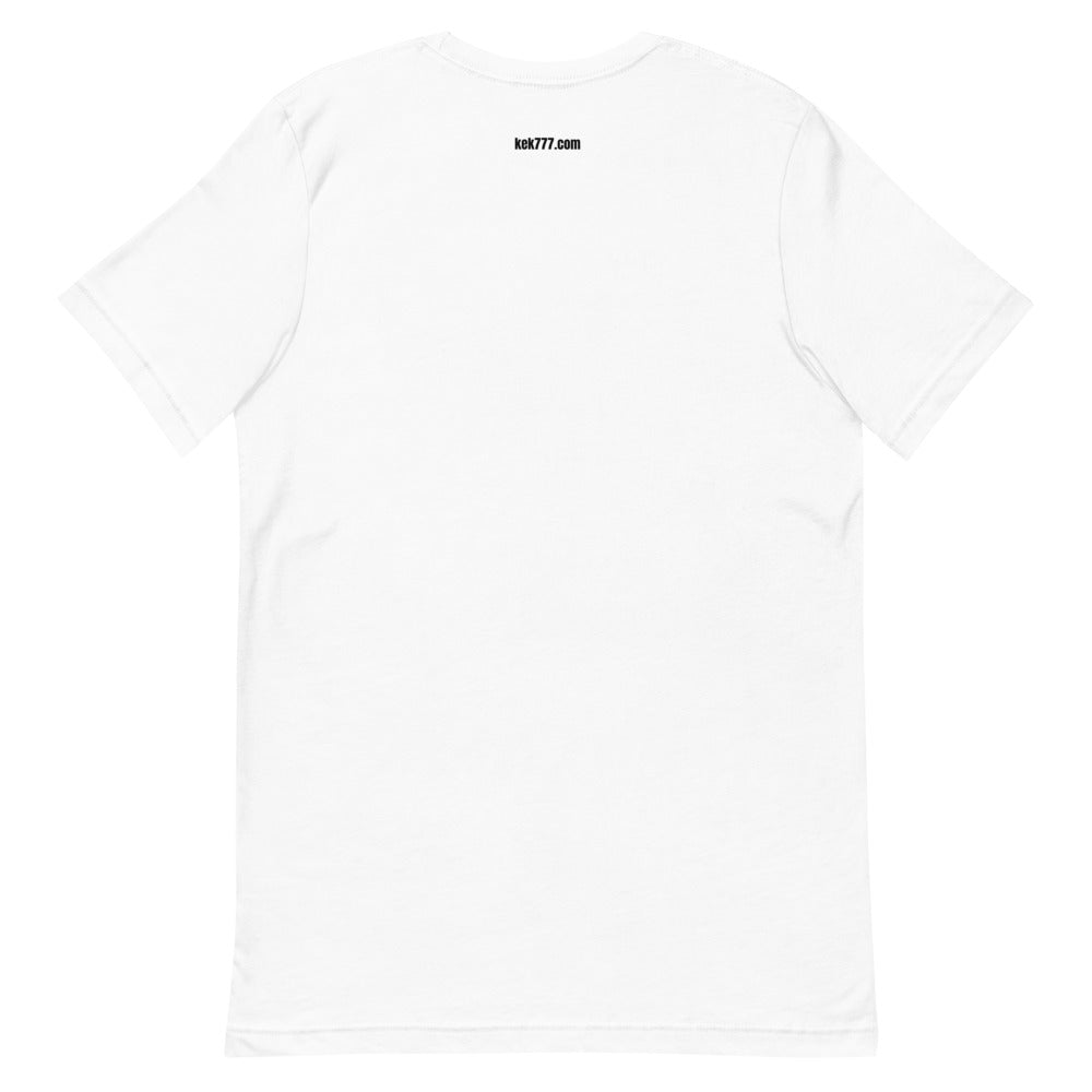 GOXPEPE by Mike — Rare Pepes Series 1 Card 2 — on a white unisex t-shirt, Outside back label