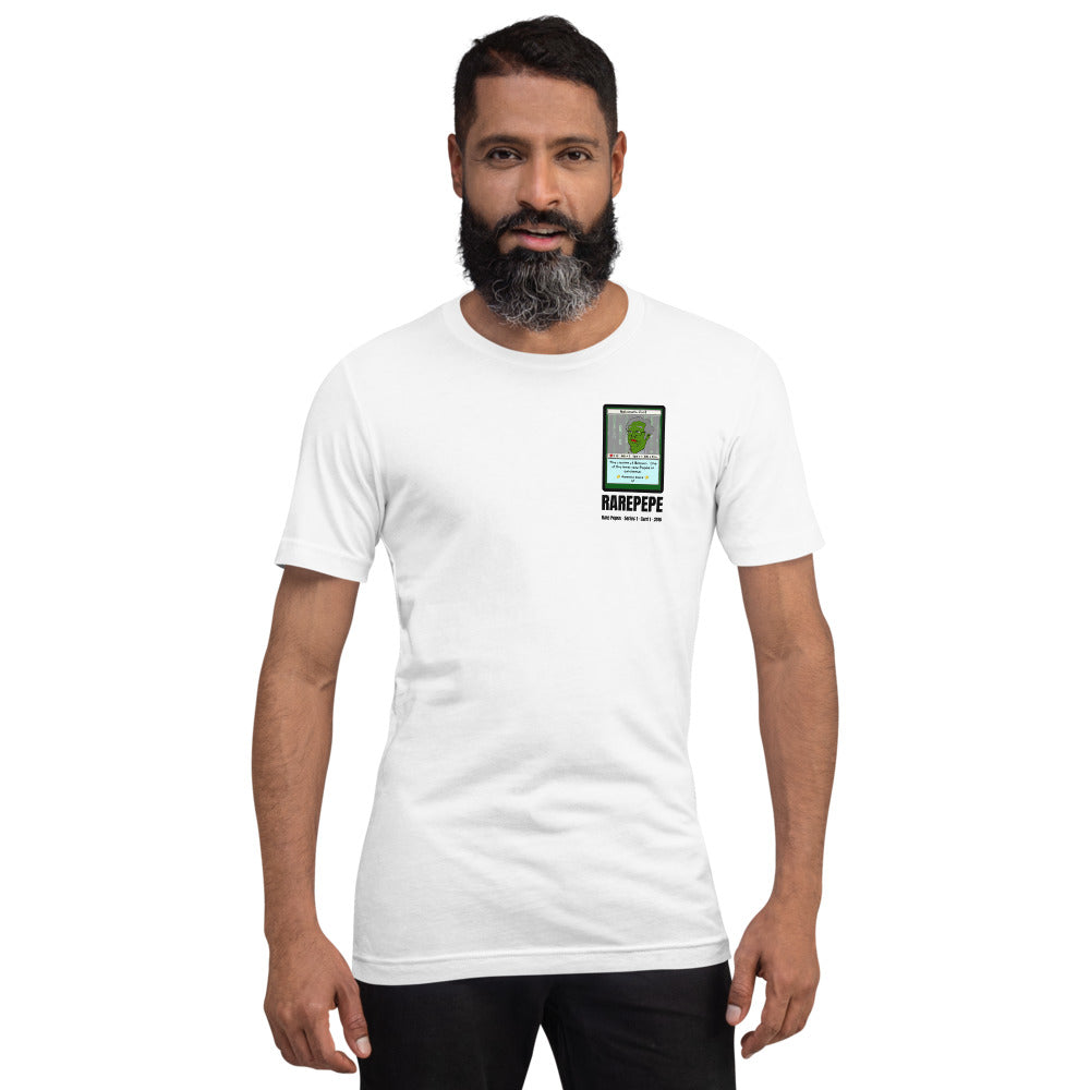 RAREPEPE by Mike — Rare Pepes Series 1 Card 1 — on a white unisex t-shirt, Men's 4 Front, left chest