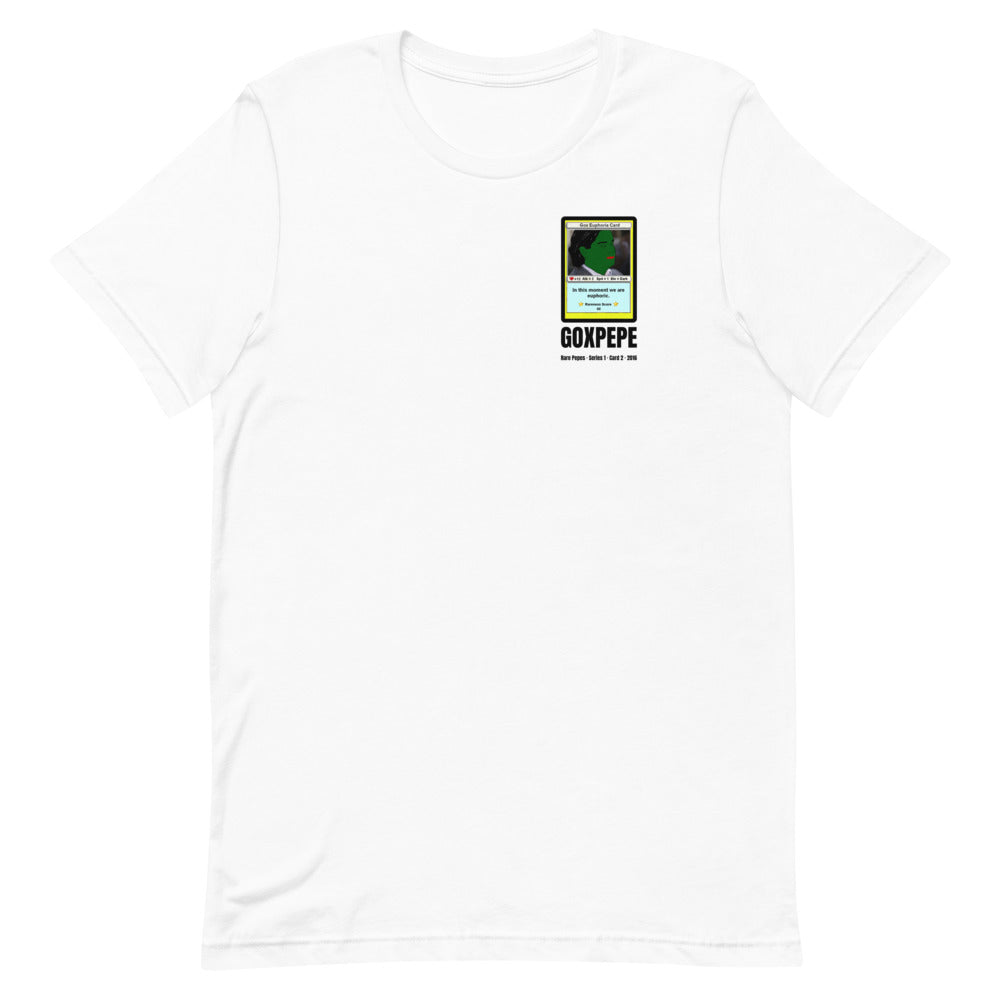 GOXPEPE by Mike — Rare Pepes Series 1 Card 2 — on a white unisex t-shirt, Flat Front, left chest