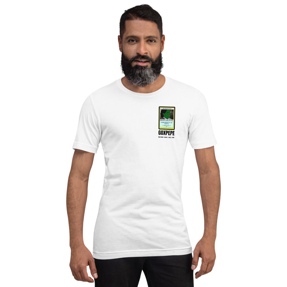 GOXPEPE by Mike — Rare Pepes Series 1 Card 2 — on a white unisex t-shirt, Men's 4 Front, left chest