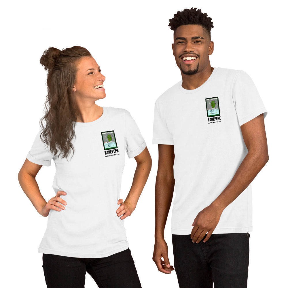 RAREPEPE by Mike — Rare Pepes Series 1 Card 1 — on a white unisex t-shirt, Couple's Front, left chest
