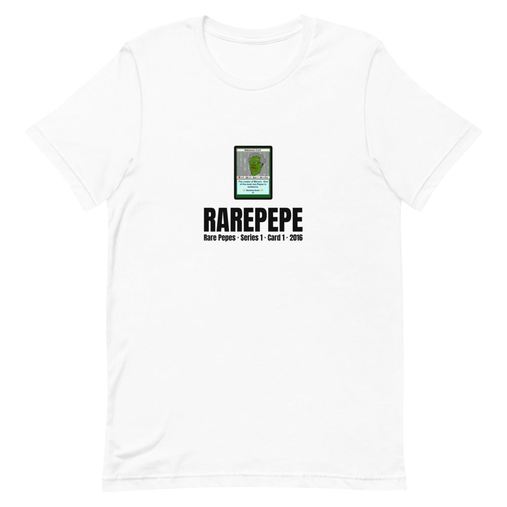 RAREPEPE by Mike — Rare Pepes Series 1 Card 1 — on a white unisex t-shirt, Flat Front, centred