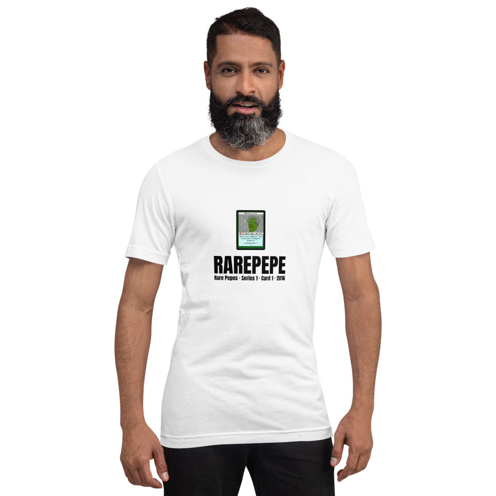 RAREPEPE by Mike — Rare Pepes Series 1 Card 1 — on a white unisex t-shirt, Men's 4 Front, centred